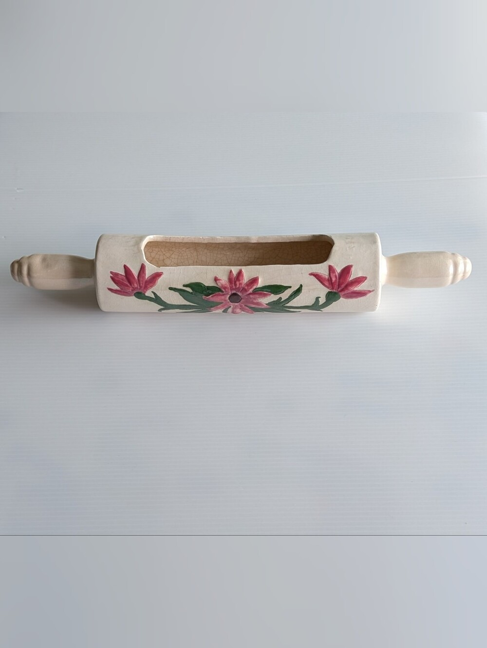 Hand-Painted Pink Floral Ceramic Rolling Pin Planter